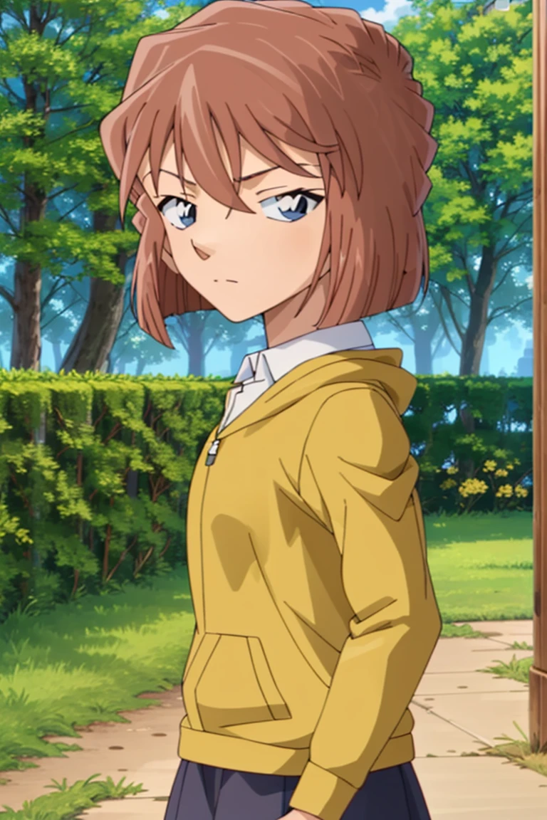 haibaratv,1girl,anime screencap,brown hair,short hair,collared shirt,skirt,outdoors, walking,upper body, jacket,
<lora:haibaratv:0.8>