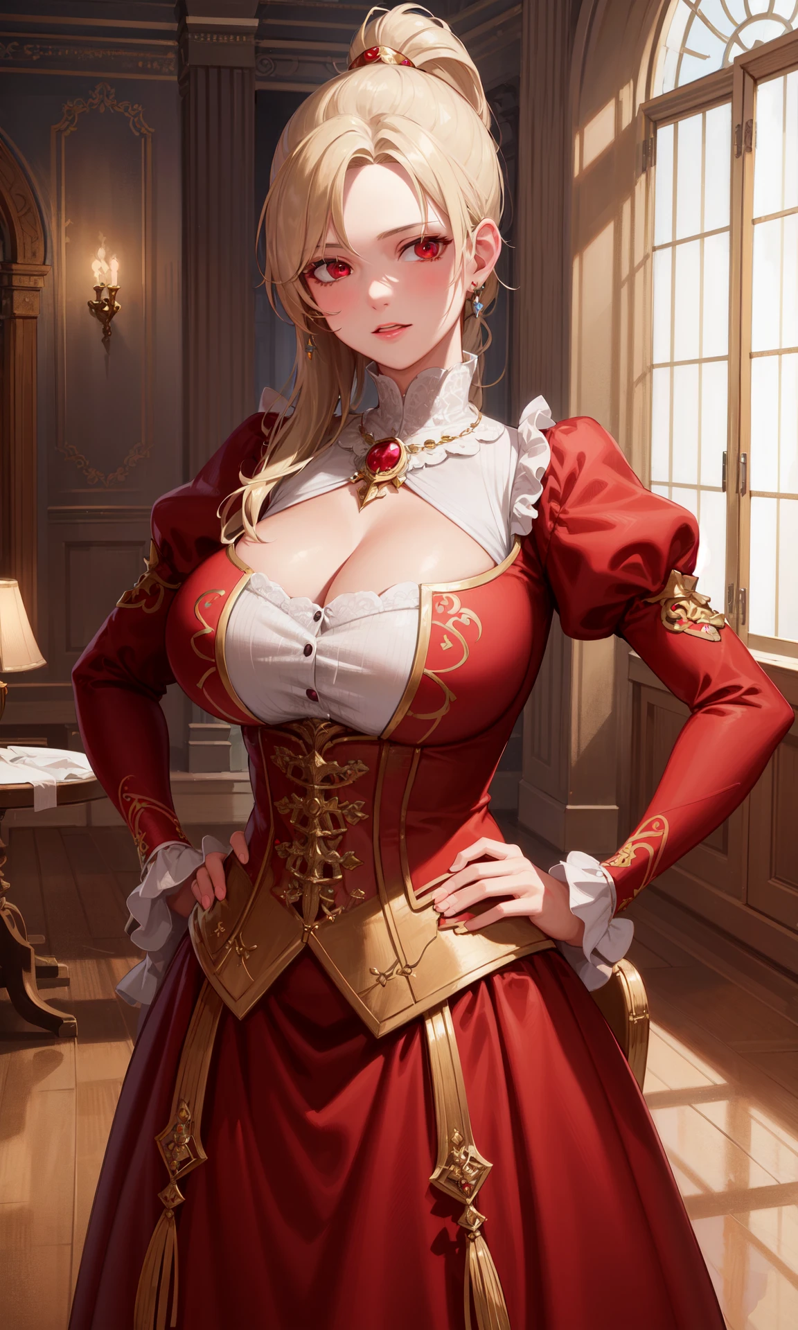 Realistic, Realism, (Masterpiece, Best Quality, High Quality, Highres:1.4), Detailed, Extremely Detailed, Ambient Soft Lighting, 4K, (Extremely Detailed Eyes, Detailed Face and Skin:1.2), Ornate, Indoor, (Renaissance:1.4), (Vintage Windows:1.1), Royal Furniture, 1Girl, (Solo:1.4), Standing, (Upper Body:1.2), Looking at Viewer, Hands on Hips, Blonde Hair, (High Ponytail, Hair Intakes, Long Sidelocks, Swept Bangs:1.3), (Red Eyes:1.2), (Curvy:1.4), Wide Hips, Large Breasts, Cleavage, (Fully Clothed, Elegant Gold Trim Red Dress, Puffy Long Skirt, Puffy Juliet Sleeves, Gorget:1.2), Jewelry,
