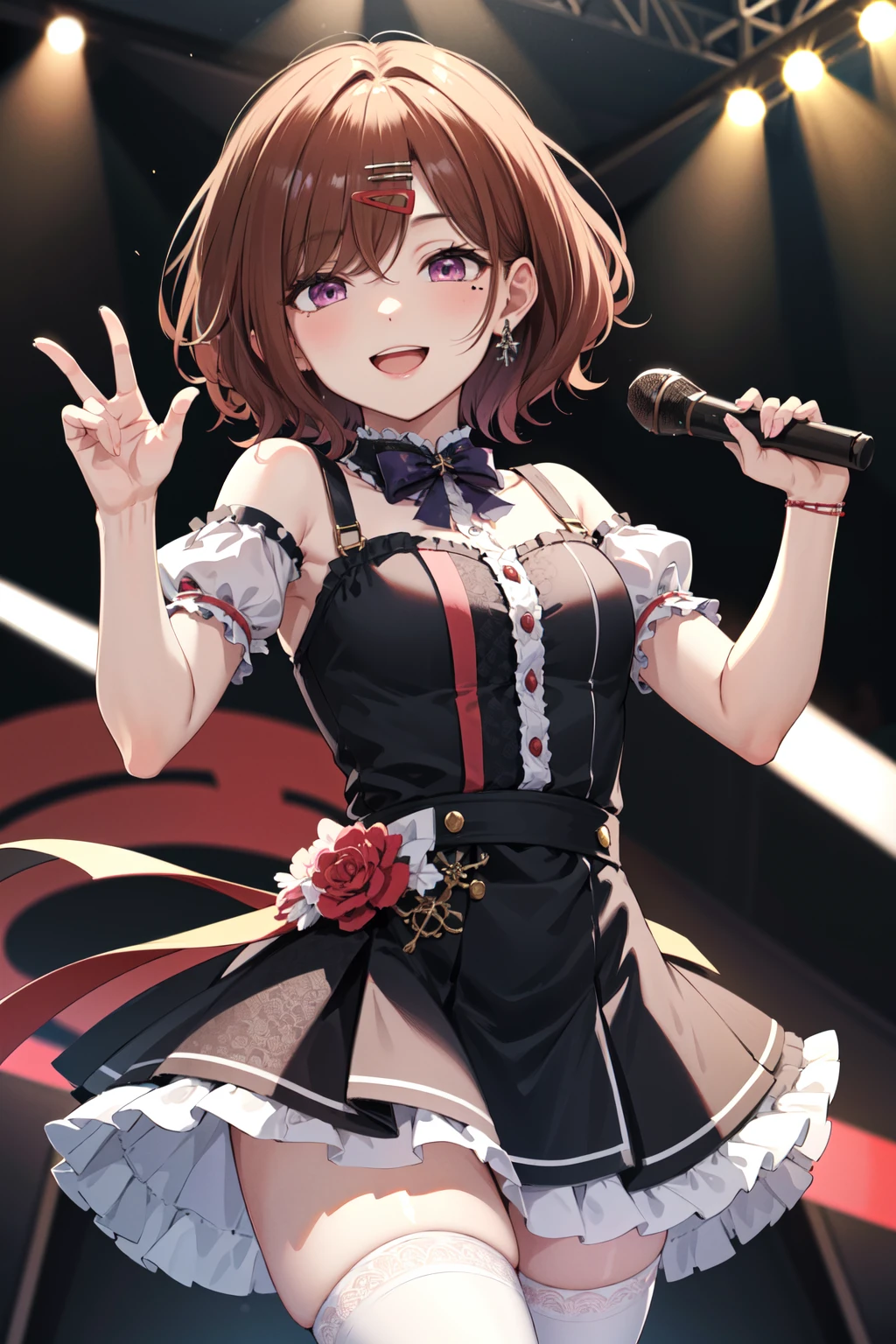 best quality, highres, 1girl, higuchi madoka, brown hair, mole under eye, hair ornament, hairclip, short hair, bangs, purple eyes, <lora:higuchi_madoka_V10:0.6>, cowboy shot, idol, idol dress, thighhighs, smile, on the stage,