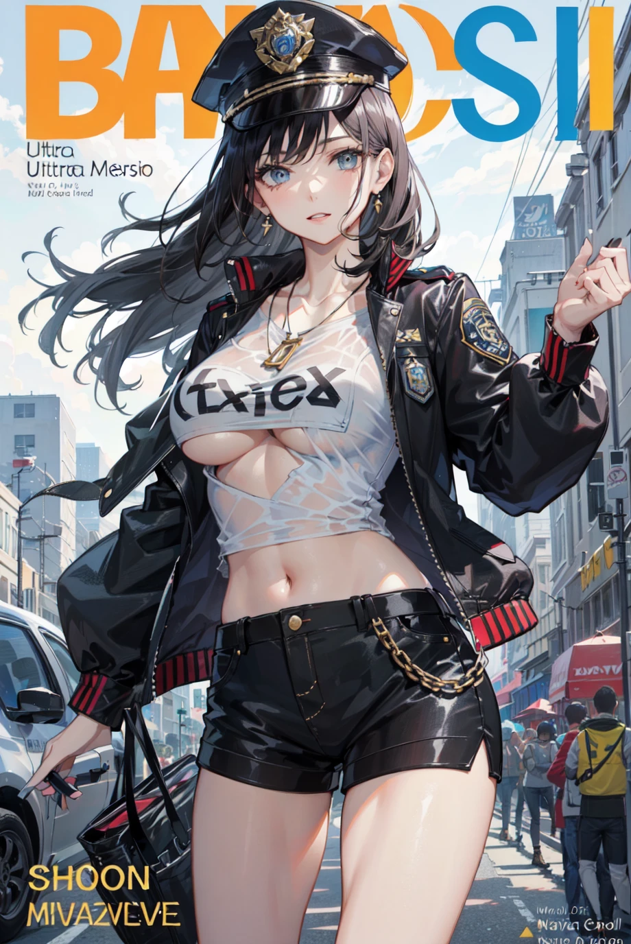 ((((best quality))), (((ultra detailed))), (((masterpiece))), illustration,(Magazine cover-style illustration of a fashionable woman in a vibrant outfit), posing in front of a colorful and dynamic background. She has a confident expression and is holding a statement accessory, The text on the cover should be bold and attention-grabbing, with the title of the magazine and a catchy headline. The overall style should be modern and trendy, with a focus on fashion and lifestyle),
wall paper,crowds,fashion,Lipstick,ray tracing,depth of field, street,in public,day
1girl,solo,looking at viewer, glossy skin, contrapposto, navel, midriff, necklace, female focus,model,medium breasts, ,street,in public,police hat, police uniform, handcuffs,short shorts, photorealistic,
cool, see-through, school uniform,jitome,
<lora:Hipoly 3D Model:0.3:NF>, ,underboob,floating hair, sexy ,fine fabric emphasis