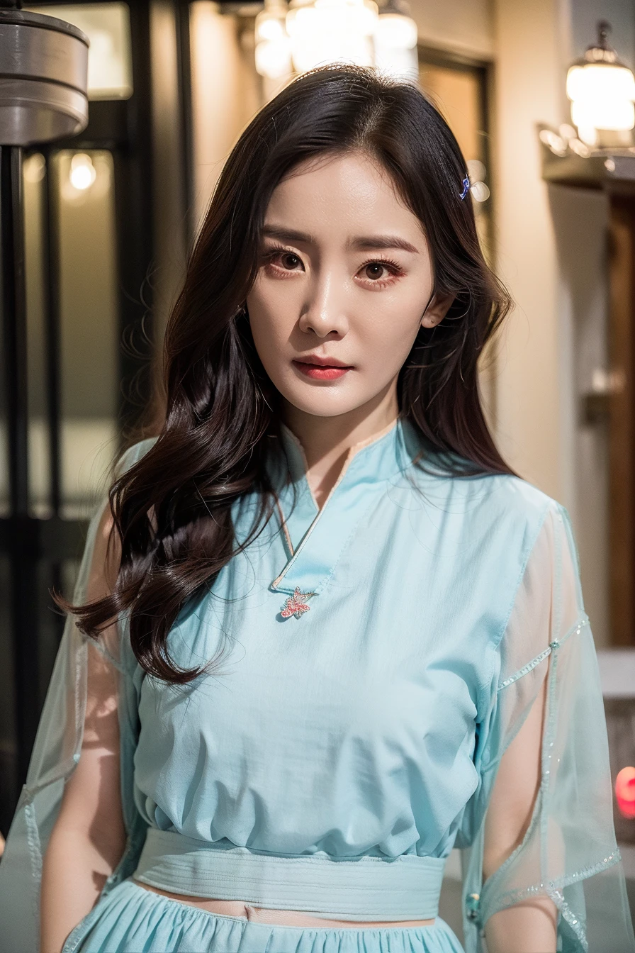 (yangmi), 1girl, standing in the street at night, extremely detailed face, upper body, hanfu,
