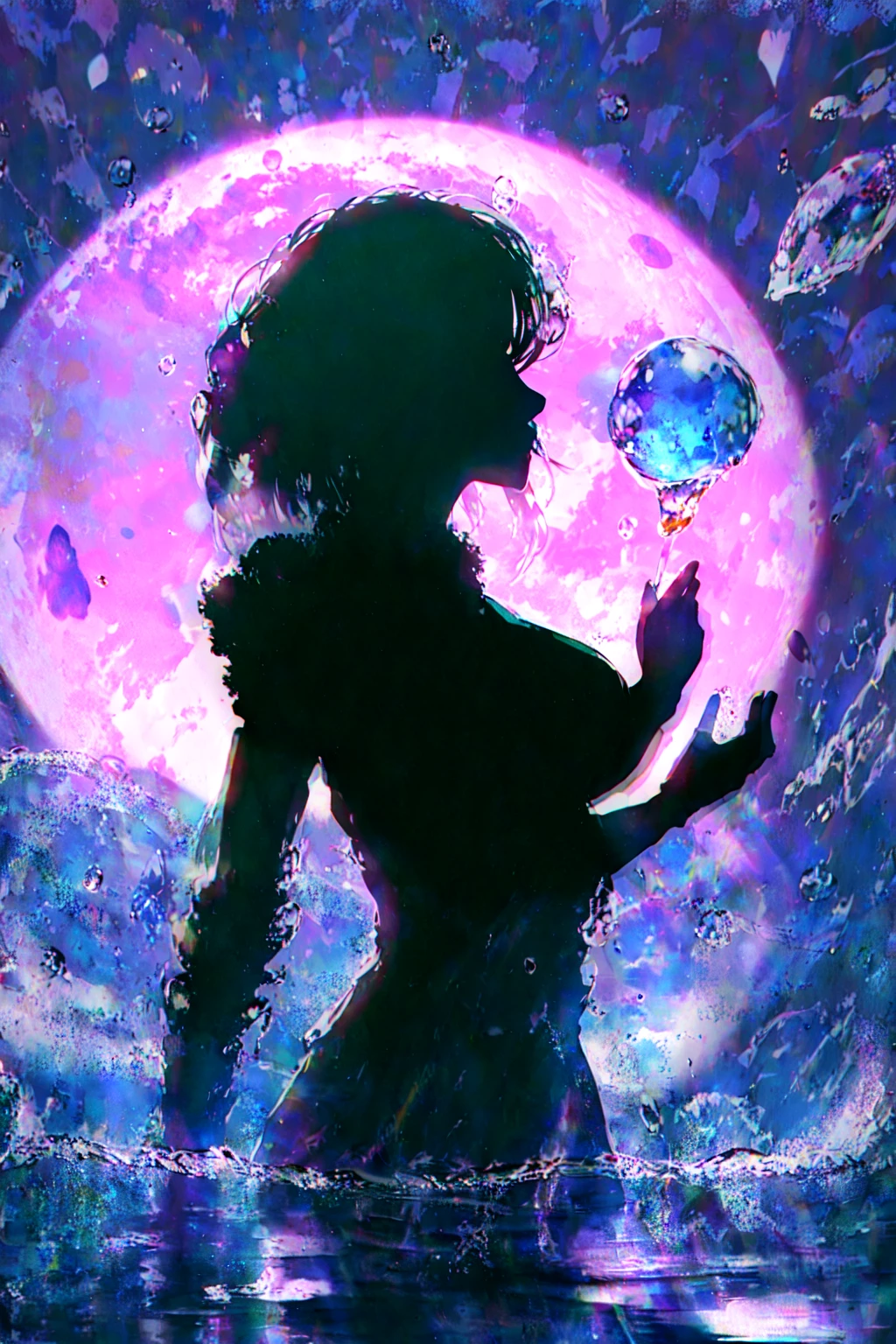 masterpiece, best quality, 1girl, <lora:Silhouette:1>,Silhouette,water bubbles,colorful,large breasts, armor,moon <lora:RAL:0.3>
