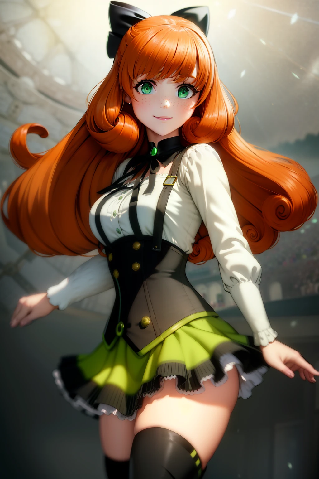 pennymk2, detailed face, beautiful, blur, depth of field, green eyes, freckles, black bow, (power symbol:1.2), black ribbon, black thighhighs, mechanical legs, smile, long hair, juliet sleeves, white blouse, suspender skirt, corset, buttons, orange hair, 8k wallpaper, octane render, cinematic lighting, best quality, highres, absurdres, sharp focus, (8k), (4k), (Best Quality), fantasy, extremely detailed, intricate, hyper detailed, (perfect face), illustration, soft lighting, (specular lighting:1.4), <lora:PennyPolendina:0.8>