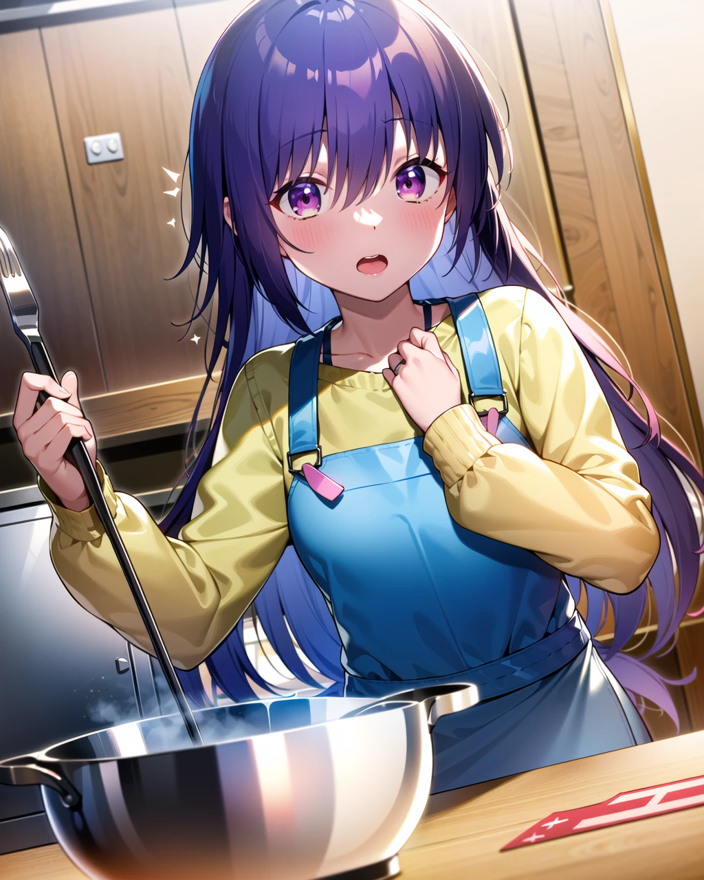 ((masterpiece)), ((best quality)), ((highres)), ((extremely detailed CG unity 8k wallpaper)), solo, <lora:irie miyuki:1>, irie miyuki, kitchen, cooking, apron, yellow shirt, jeans, blush, surprised, open mouth, shocked, small breasts, long hair