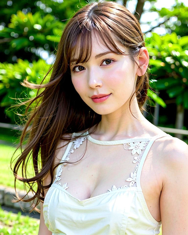 best quality, 1girl, (skindentation), huge breast, morning, (bright), blur background, outdoor, (street:0.6), (people), crowds, braided bangs, blouse, gorgeous, floating hair, (dynamic pose:0.6), soft lighting, charming, wind,  garden, sunlight, white light,    <lora:akari_minlichou_v1.5:0.65>