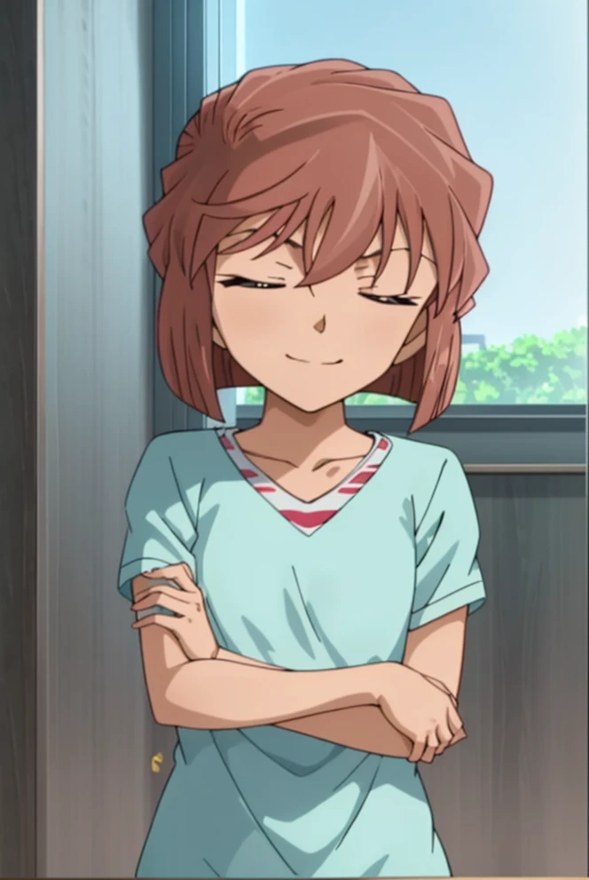 haibaratv,1girl,anime screencap,brown hair,short hair,t-shirt,indoors,table,sleeping,closed eyes, smile, upper body,
<lora:haibaratv:0.8>