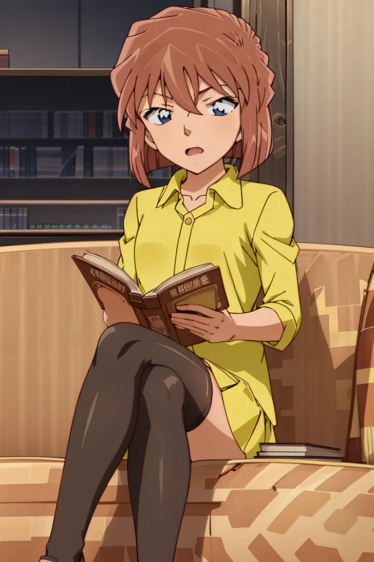 haibaratv,1girl,anime screencap,brown hair,short hair,collared shirt,skirt,indoors, sitting,reading book,couch, 

 <lora:haibaratv:0.8>