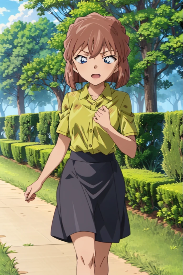 haibaratv,1girl,anime screencap,brown hair,short hair,collared shirt,skirt,outdoors, walking, 

 <lora:haibaratv:0.8>