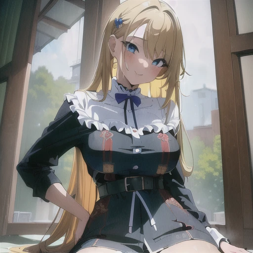 (masterpiece:1.2), (best quality:1.2), (high res:1.2), (detailed:1.2), nsfw, anime girl, cute face, large tits, blonde hair with blue highlights, leaning toward pov, pov facing me, tight clothes