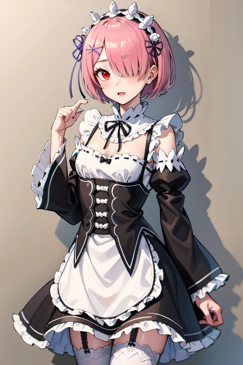 masterpiece, best quality, highres, ram1, 1girl, solo, ram \(re:zero\), pink hair, white thighhighs, short hair, red eyes, hair over one eye, ribbon trim, hair ribbon, x hair ornament, frills, maid headdress, waist apron, garter straps, black ribbon, small breasts, long sleeves, white apron, neck ribbon, purple ribbon, wide sleeves, hair flower, <lora:ram_rezero_v1:0.6>