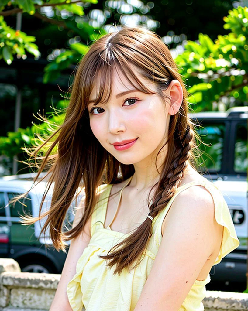 best quality, 1girl, (skindentation), large breast, morning, (bright), blur background, outdoor, (street:0.6), people, crowds, braided bangs, blouse, gorgeous, floating hair, (dynamic pose:0.6), soft lighting, charming, wind,  garden, sunlight, white light,    <lora:akari_minlichou_v1.5:0.8>