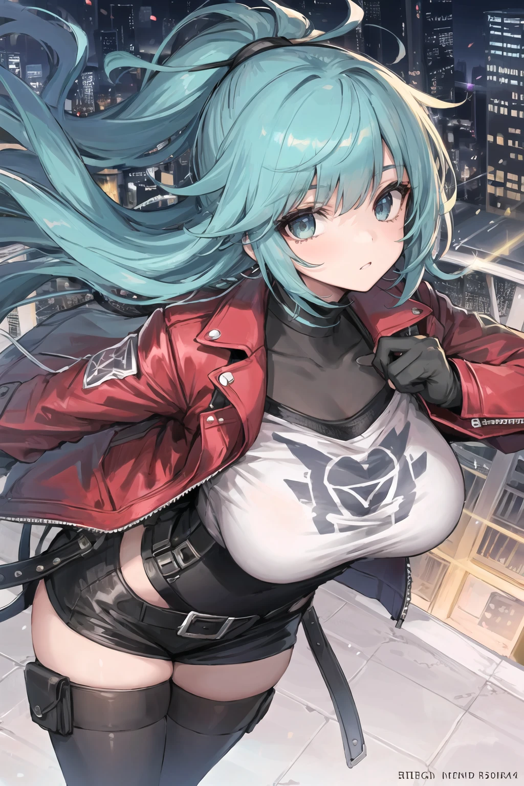 1girl, solo, detailed holographic rainbow eyes, red and green hair, leather jacket, wearing a tshirt, medium breasts, voluptuous, dynamic angle, looking at viewer, futuristic, citypunk:.5, cyberpunk:1.5,