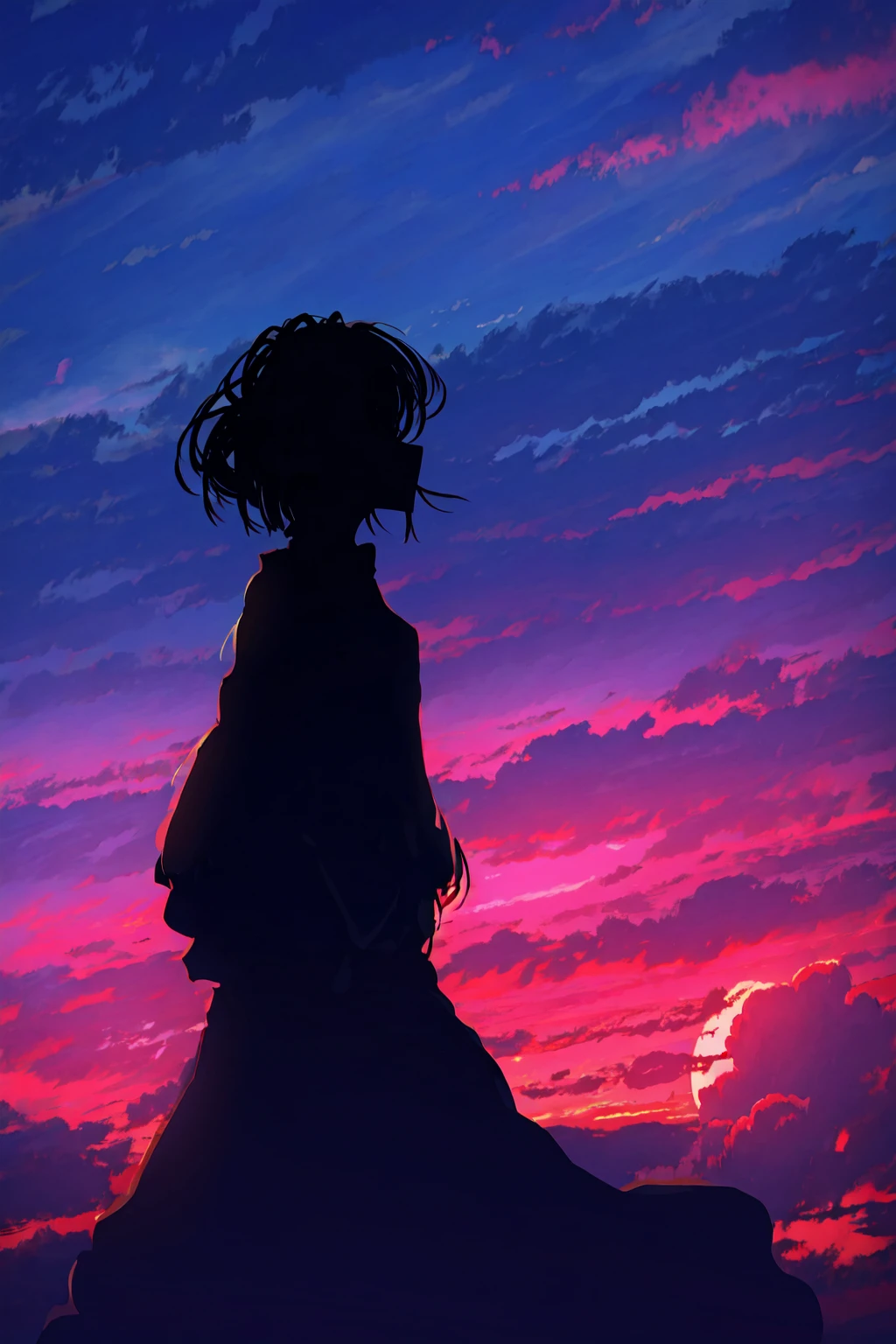 masterpiece, best quality, 1girl, <lora:Silhouette:1>,Silhouette,cloudy sky, sunset