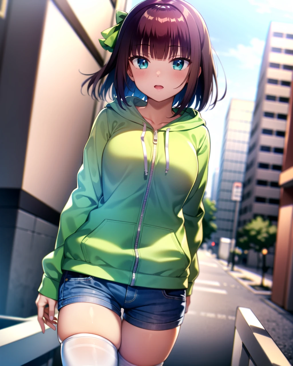 ((masterpiece)), ((best quality)), ((highres)), ((extremely detailed CG unity 8k wallpaper)), solo, city streets, white stockings, green hoodie, denim shorts, zettai ryouiki, medium breasts, <lora:nakamura yuri:0.9>, nakamura yuri, green ribbon in hair, cowboy shot