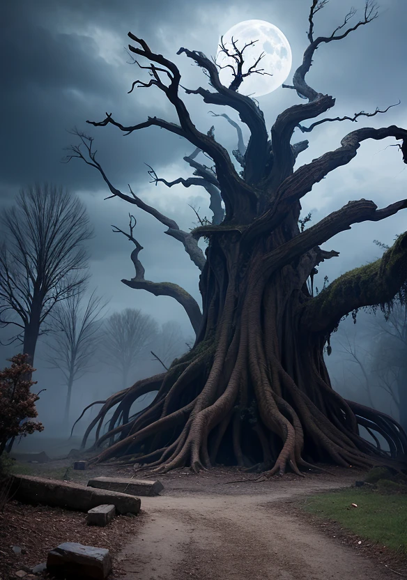 realistic image of an ancient, haunted tree, powerful, spooky, haunted, scary, creepy, magical, fantasy, rendered as a matte painting