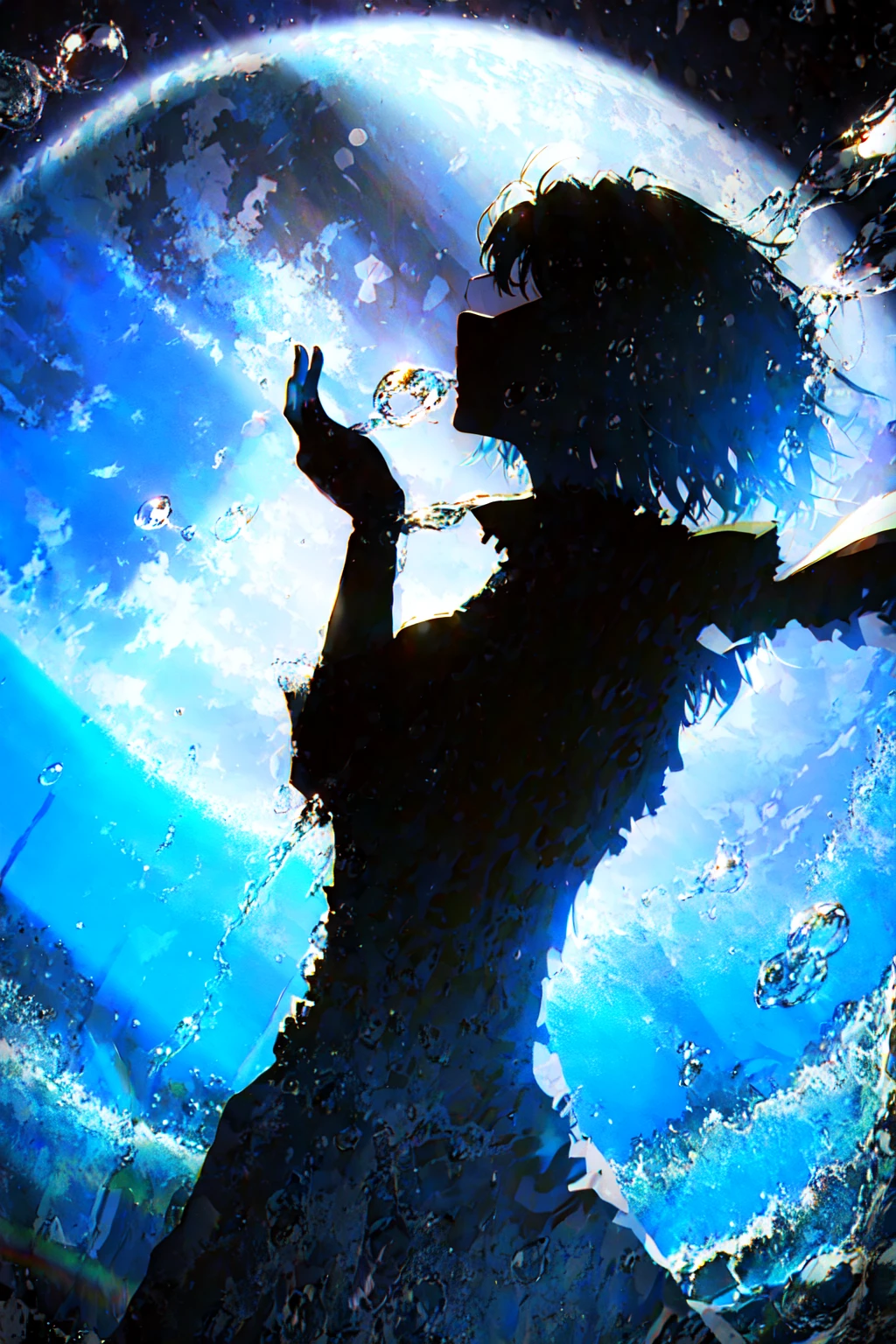 masterpiece, best quality, 1girl, <lora:Silhouette:1>,Silhouette,water bubbles,colorful,large breasts, armor,moon <lora:LAS:0.3>