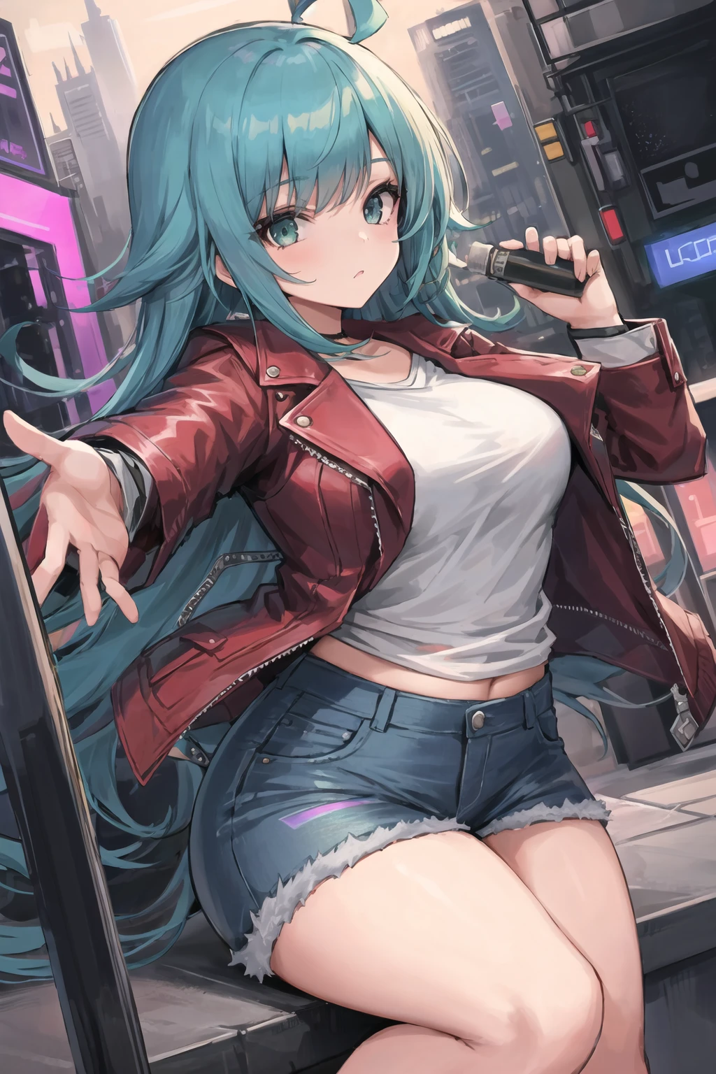 1girl, solo, detailed holographic rainbow eyes, red and green hair, leather jacket, wearing a tshirt, wearing jeans, medium breasts, voluptuous, dynamic angle, looking at viewer, futuristic, citypunk:.5, cyberpunk:1.5,