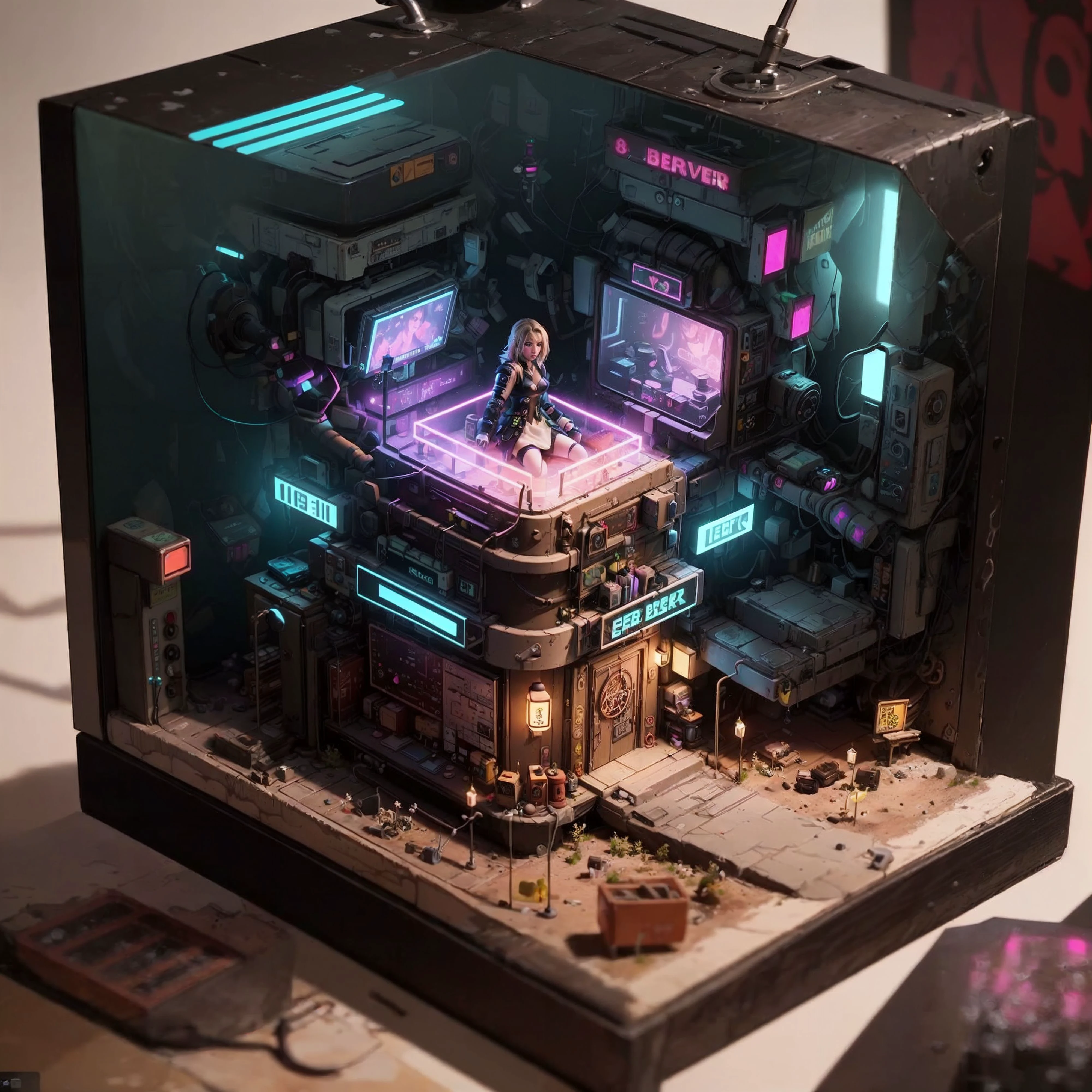 mini\(ttp\), (8k, RAW photo, best quality, masterpiece:1.2), (realistic:1.37),(1girl, lucy (cyberpunk) in sever room), miniature, landscape,  (isometric), glass tank,<lora:miniature_V1:0.8>,