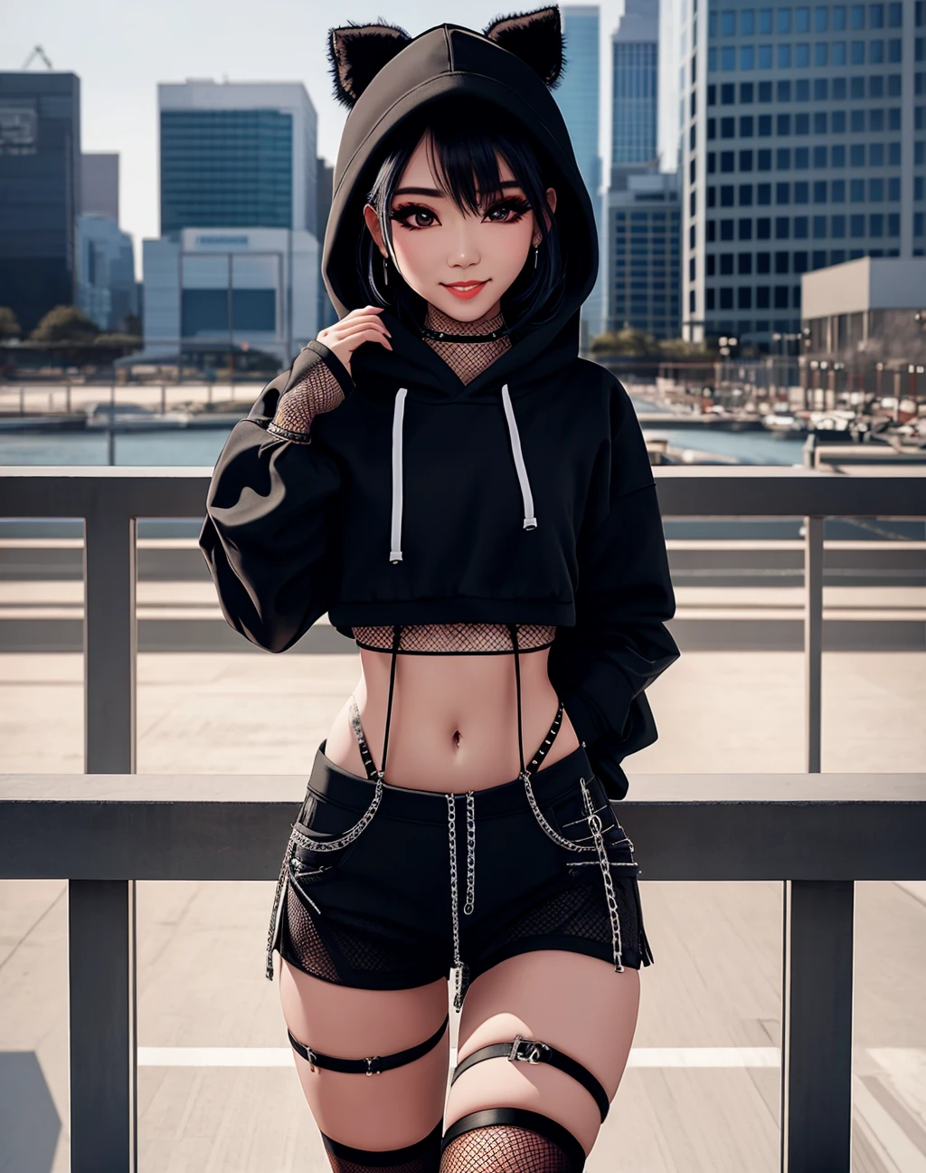 Masterpiece,8k, perfect face highly detailed,HDR, ultra realistic photoshoot, absurdres,award winning photo, extremely detailed, amazing, fine detail, smiling, excited, fit woman, tiny waist,egirl makeup,
<lora:Asian_Urban_Gal:0.756>, Urban_Gal, a woman with black hair and a ((black fishnet outfit)) , asian woman wearing Urban_Gal, hoodie, buckle belt, multiple straps, chains
modelshoot
