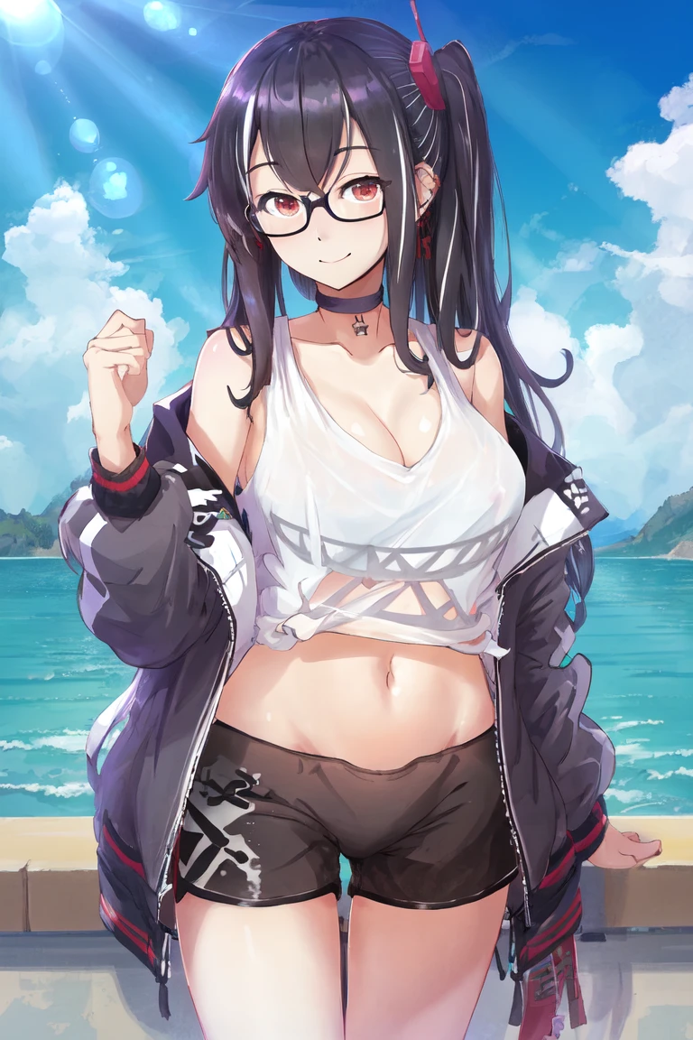 <lora:U47v2.0:0.8>,u47\(azur lane\),glasses, shorts,black jacket, cleavage, navel, collarbone, off_shoulder,crop_top, choker,from below, outdoors, looking at viewer, light smile,, masterpiece,best quality,official art,extremely detailed CG unity 8k wallpaper