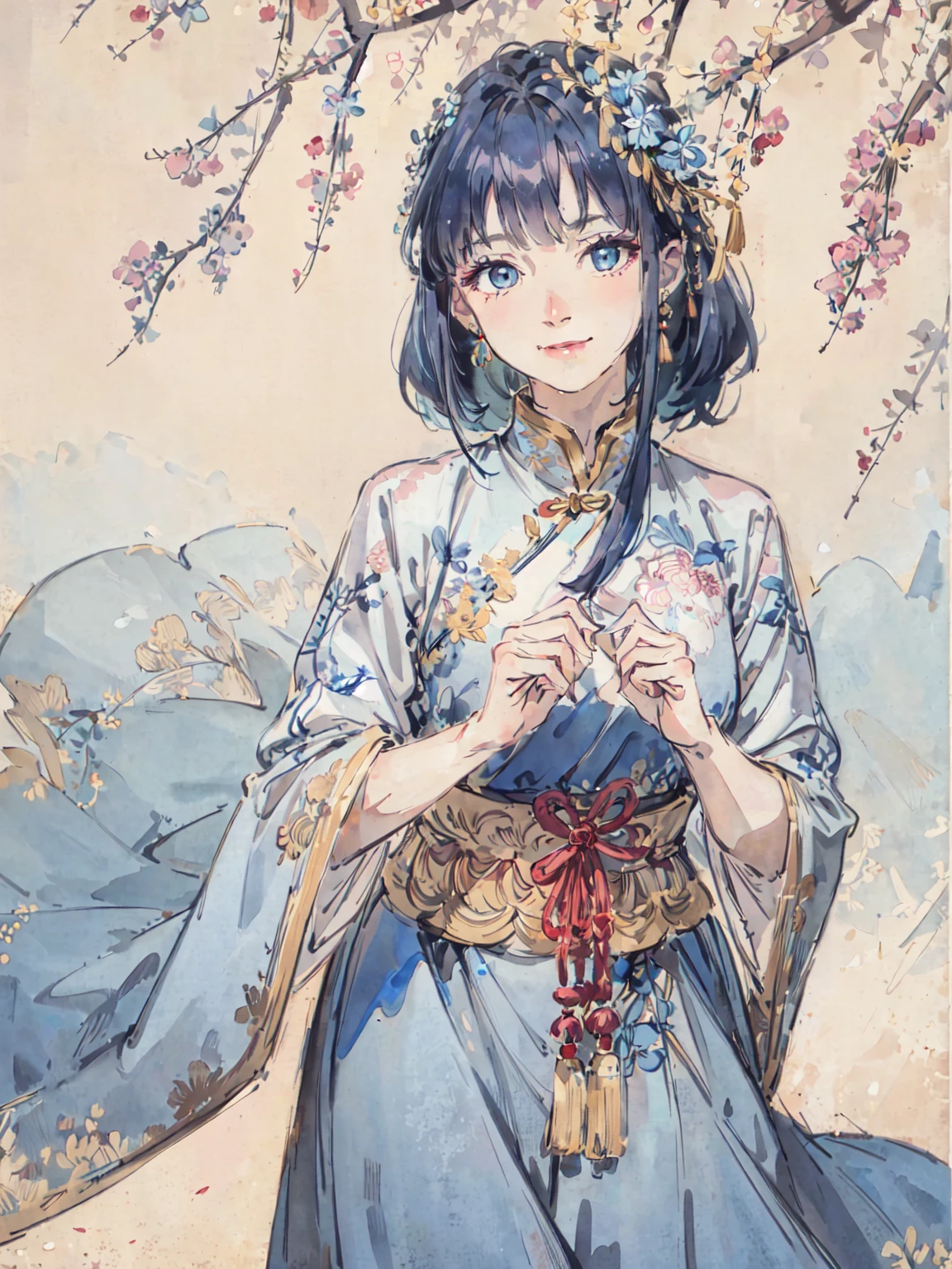 (ultra high res,realistic,best quality),
(8k, raw, best quality, masterpiece)

BREAK

ru_qun, hanfu, best quality, masterpiece, extremely detailed, anime, 1girl, short girl, (blue hair, blue eyes:1.4), long hair, smile, tulle clothes, silk clothes, embroidery accessory, chinese knots, happy, smile, closed mouth, blue flower vines, gems, gold accessory,
<lora:hanfu_v30Ming:0.3>