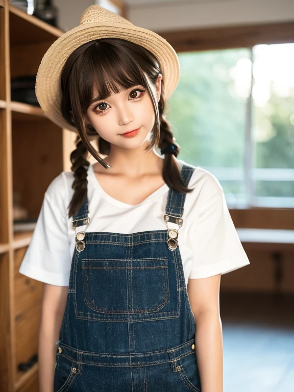 Japanese、Pure girl、Too cute、Fashion Model、Construction site、Work clothes、Artisan style、Outdoor、looking at the camera、smile、Hair is shoulder length、Short Bob、Stylish
