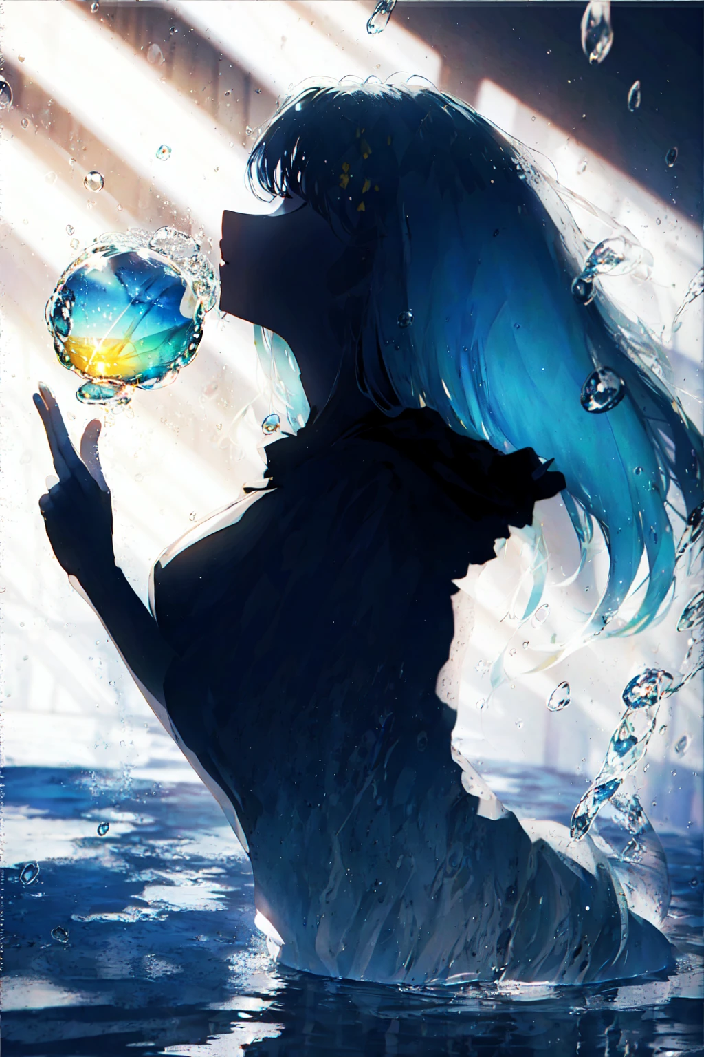 masterpiece, best quality, 1girl, <lora:Silhouette:1>,Silhouette,water bubbles,colorful,large breasts,