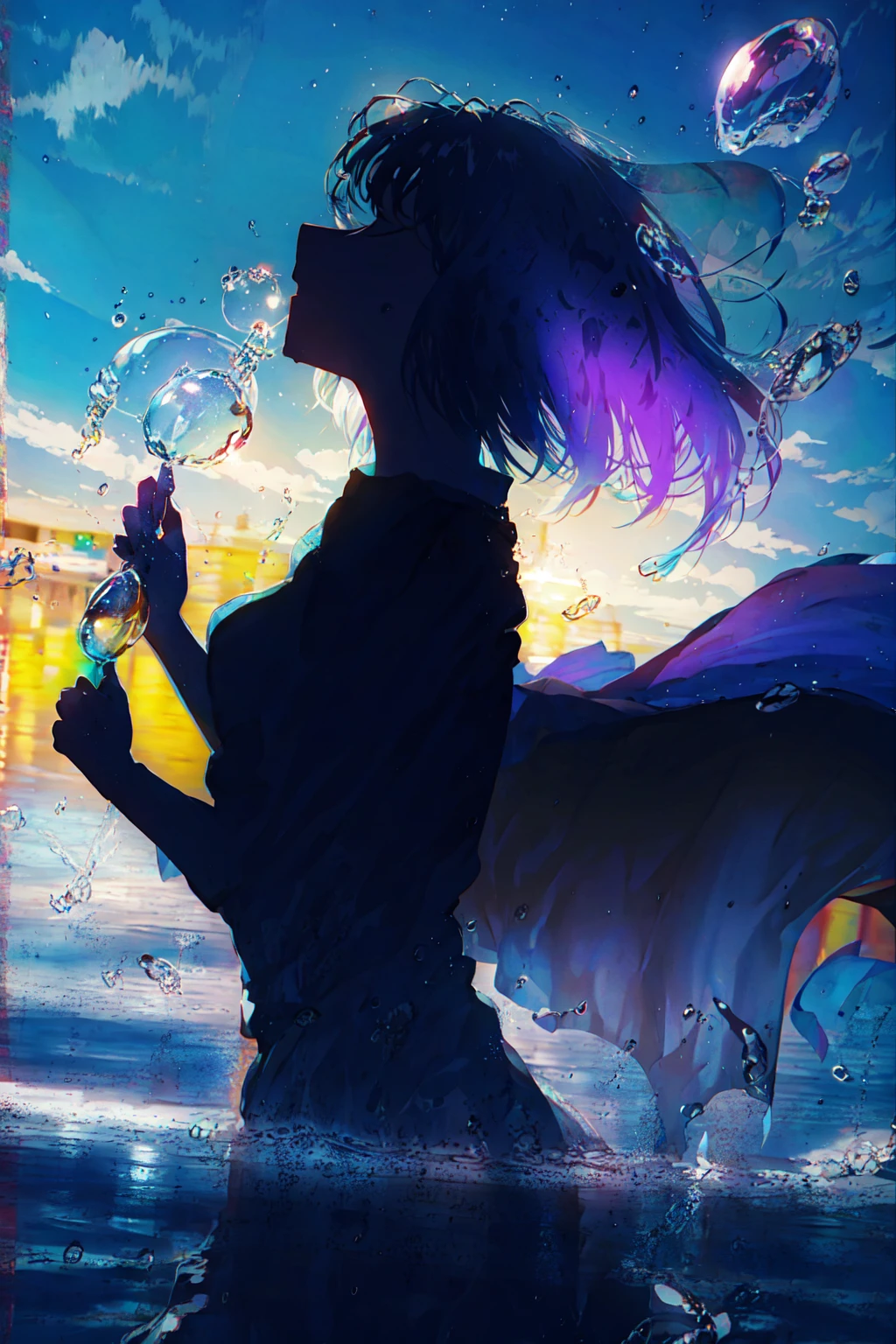 masterpiece, best quality, 1girl, <lora:Silhouette:1>,Silhouette,water bubbles,colorful,underboob,