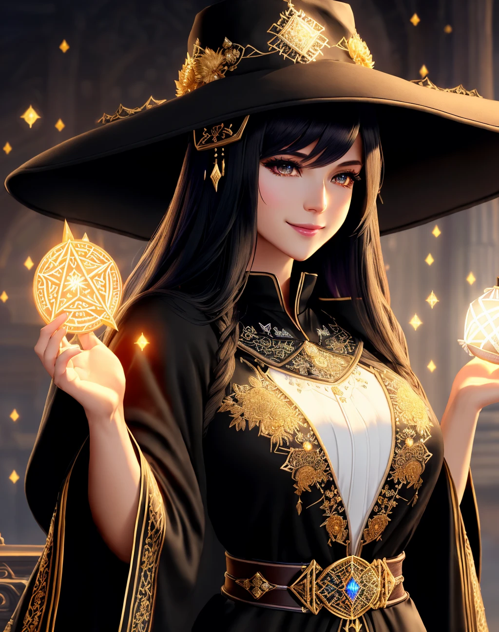 Masterpiece, 4K, highly detailed, magic, fantasy universe, final fantasy xiv black mage, beautiful woman wearing mage_glam, (final fantasy black mage robes and hat, black gloves, beautiful mage robe with superb golden runes embroidery, magical runes:1.2), casting a spell,(upper body closeup:1.3), smiling at the viewer, dark haired black mage, extreme amount of detail, analog style, magical glowing colors, symmetric, centered, closeup, feminine, athletic, fit, narrow waist, high, contrasted colors, realistic body proportions, realistic, photo-realistic, 8k, highly detailed, led light, laser lights,fruit-flavored,anatomically correct, symmetrical anatomy, high fantasy background, pixies, (caftan, black fabric,embroidery, belt with white embroidery, woman wearing the caftan:1.3)
<lora:Oriental_Mage:0.45>