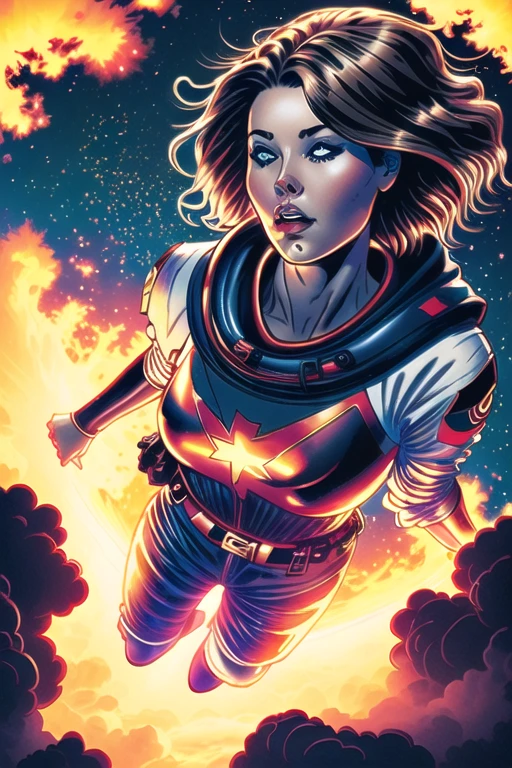 1girl, solo, blue eyes, auburn hair, explosive scene, outer space, looking at viewer, flying, full body, comic book wallpaper, illustration, dynamic angle,