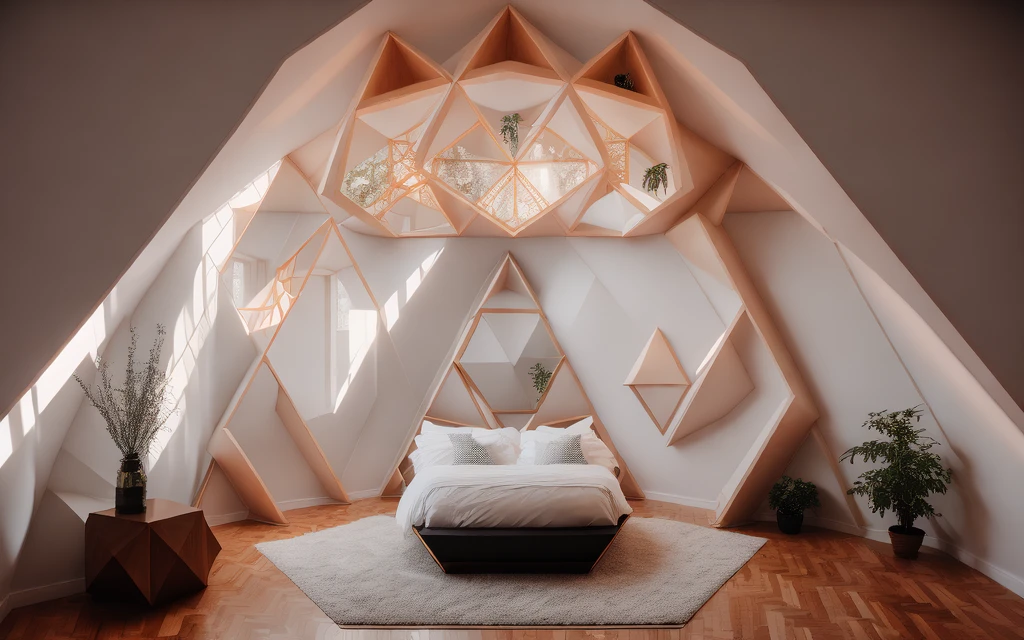 photo of a cozy+ upscale+ (transdimensional non-euclidean geometric futurism)++ bedroom