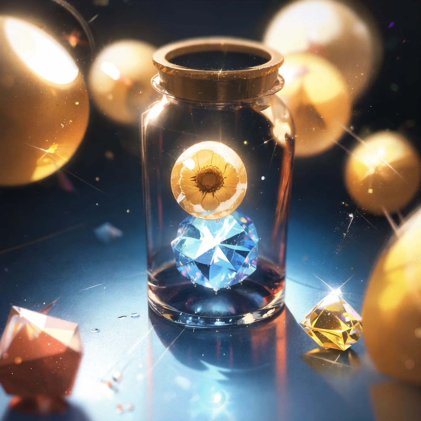 bottle, water, diamond , crystal,, ray tracing, Tyndall effect, depth of field, blurry background, blurry foreground, light particles, reflection light, rim light, bloom effect,, masterpiece, best quality,best quality, highres, original, extremely detailed wallpaper