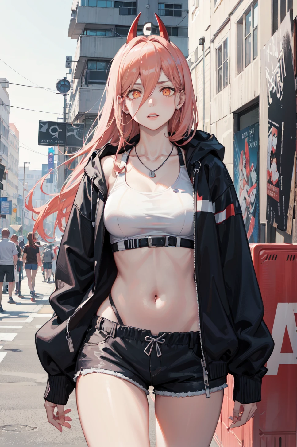 masterpiece, best quality, 8K,wall paper,photorealistic, outdoors, beautiful lighting, cinematic lighting, wall, simple background, street, day, sunlight, in public, crowds, poster, fashion,Lipstick
1girl,solo, head tilted, looking at viewer, glossy skin, contrapposto, medium breasts, navel, midriff, necklace, female focus,short shorts,v pose,model,two horns
hoodie,cool,white sports bra, eyewear on head,
<lora:Hipoly 3D Model:0.2:NF>, corneo_power