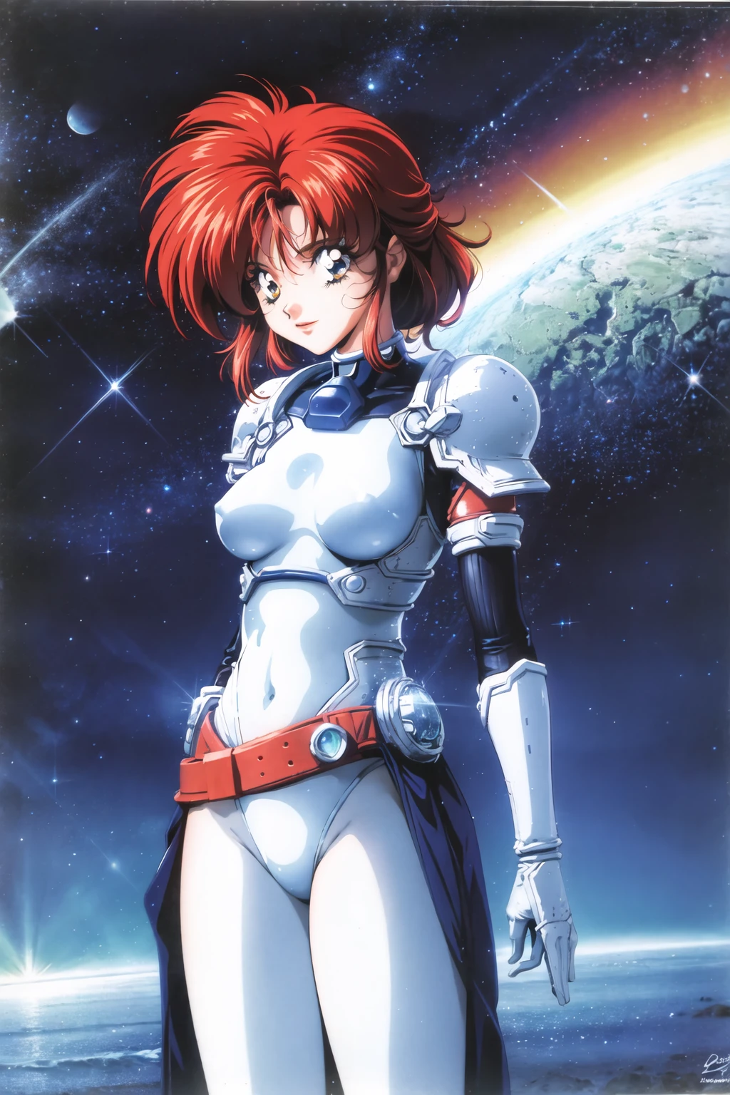 1990s \(style\), 1980s \(style\), 1girl, armor, aurora, beach, breastplate, breasts, city lights, constellation, earth \(planet\), galaxy, horizon, light particles, medium breasts, milky way, multicolored hair, night, night sky, ocean, pauldrons, planet, red hair, retro artstyle, shooting star, shore, shoulder armor, sky, solo, space, space craft, spacesuit, star \(sky\), starry background, starry sky, starry sky print, water