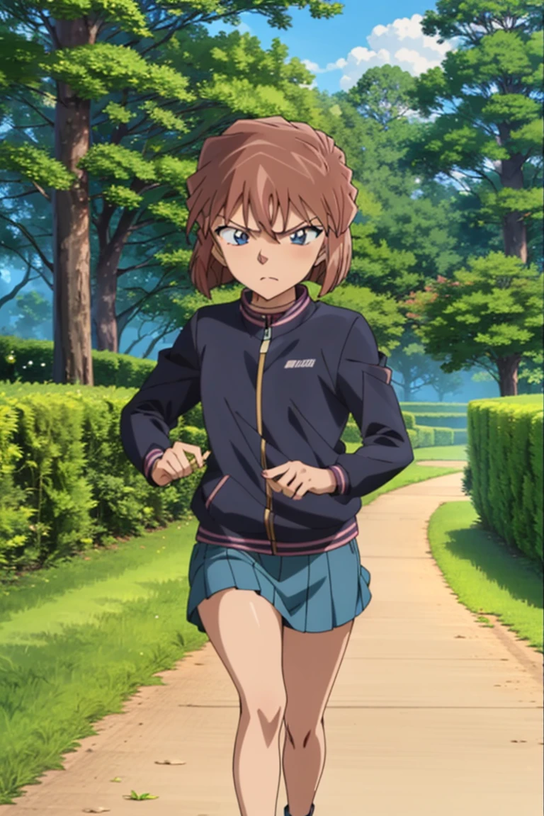 haibaratv,1girl,anime screencap,brown hair,short hair,collared shirt,skirt,outdoors,(running:1.2),blue jacket, serious, 

 <lora:haibaratv:0.8>