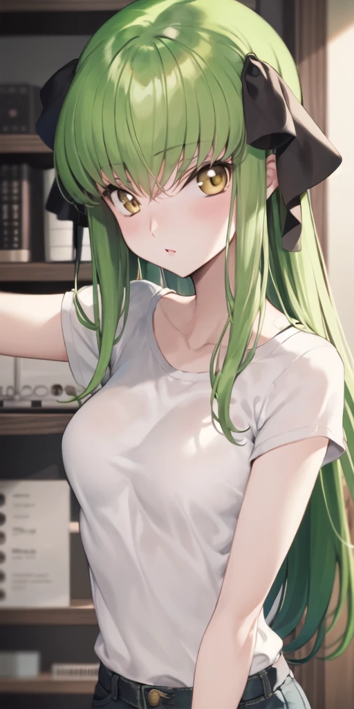 c.c., 1girl, blush, green hair, looking at viewer, solo, yellow eyes, upper body, white shirt, arms arm at side, <lora:cc_locon_v1a:0.7>