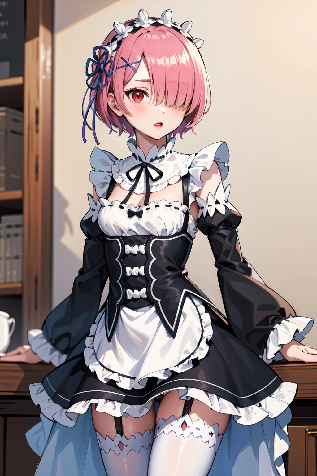 masterpiece, best quality, highres, ram1, 1girl, solo, ram \(re:zero\), pink hair, white thighhighs, short hair, red eyes, hair over one eye, ribbon trim, hair ribbon, x hair ornament, frills, maid headdress, waist apron, garter straps, black ribbon, small breasts, long sleeves, white apron, neck ribbon, purple ribbon, wide sleeves, hair flower, <lora:ram_rezero_v1:0.6>