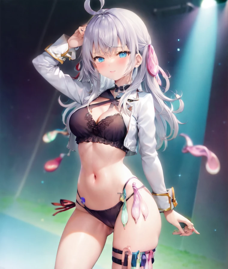 1girl, solo, alisa mikhailovna kujou, blue eyes, red ribbon, (condom belt:1.3), condom, (thigh strap:1.1), underwear, white jacket, standing,