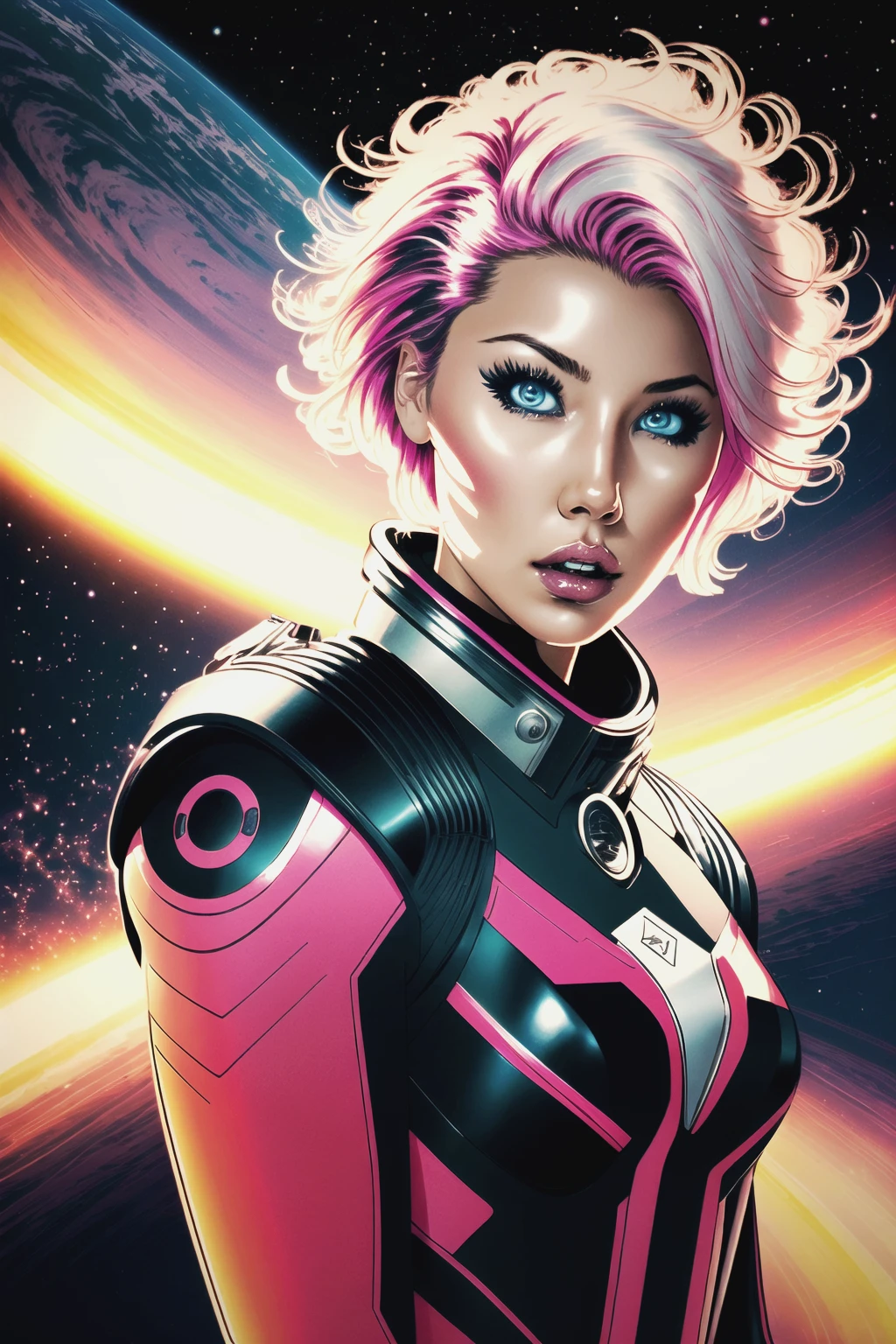 1girl, solo, blue eyes, pink hair, looking at viewer, explosive scene, outer space,  spacecraft, futuristic comic book wallpaper, illustration, dynamic angle, full body, sexy spacesuit