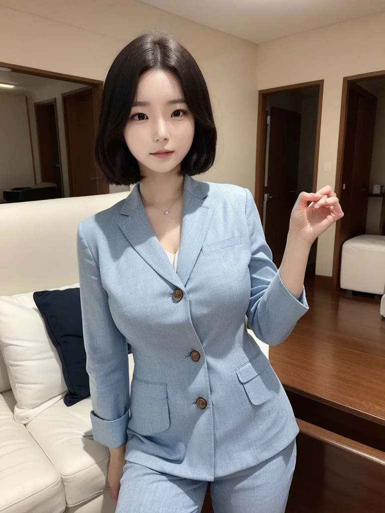 <lora:koreanDollLikeness_v15:0.7>, ultra detailed, RAW photo,best quality, (realistic:1.2), 1 korean Soonkyu Lee, 16k, realistic photography, professional color graded, physically based rendering, highres, b-cup, hair wave, naked, motel, front, casual suit, f 2.4, 35mm