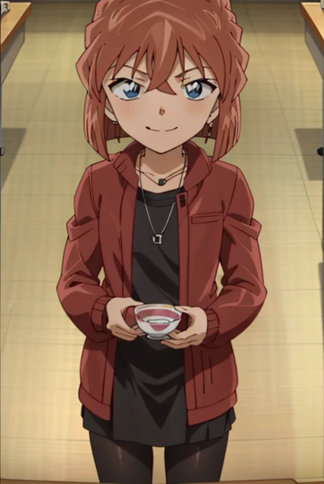 haibaratv,1girl,anime screencap,brown hair,short hair,jacket,earrings, indoors, banquet,desk, smile, necklace, table, teacup,
<lora:haibaratv:0.8>