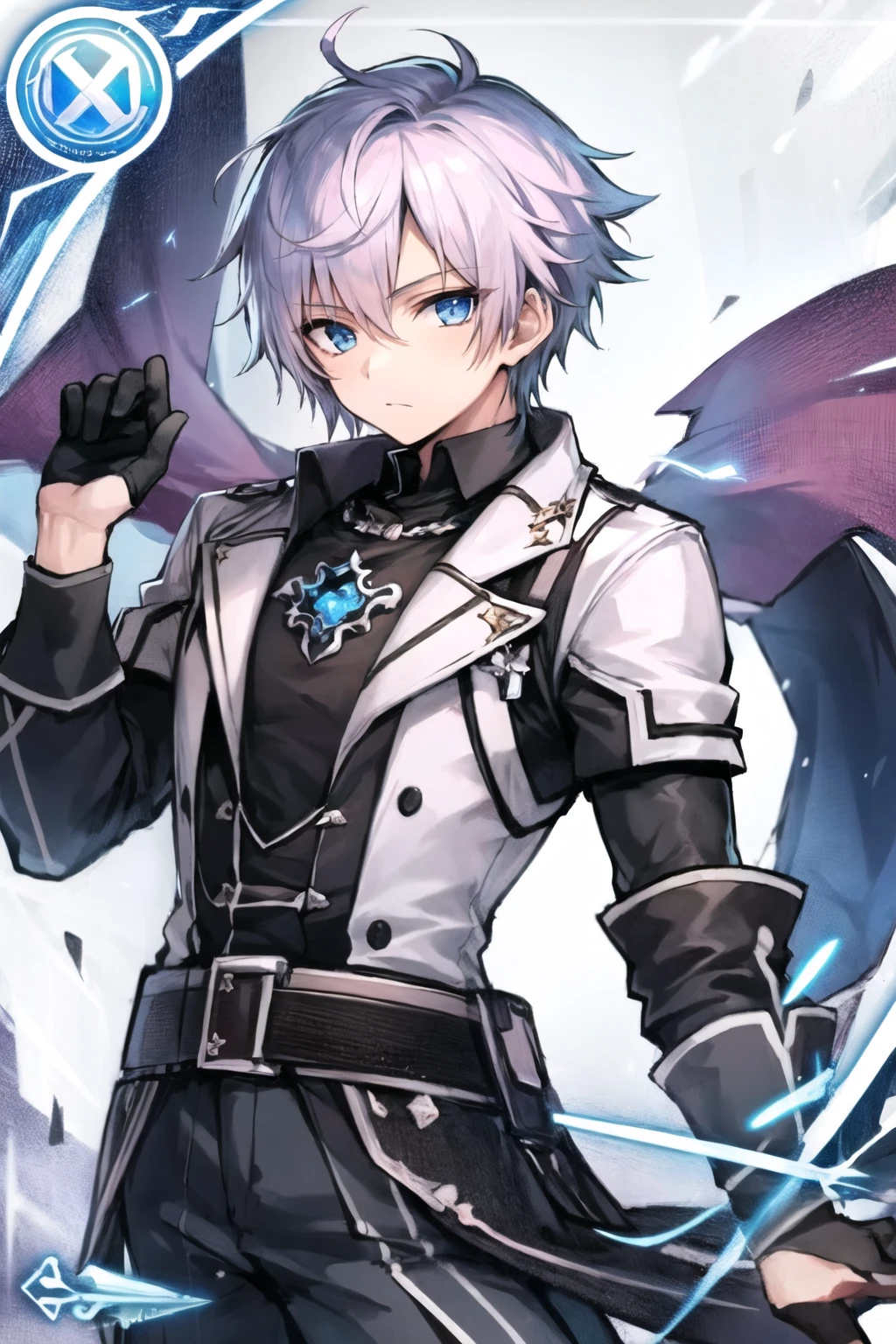 <lora:tradingCardsMultiple_v1:.4> 1boy, male focus, solo, mature, blue eyes, pink hair, looking at viewer, futuristic, illustration, trading card style,