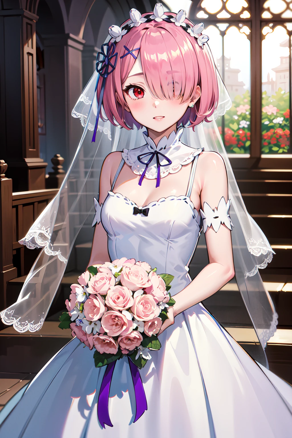 masterpiece, best quality, highres, ram1, 1girl, solo, ram \(re:zero\), pink hair, short hair, red eyes, hair over one eye, hair ribbon, x hair ornament, small breasts, purple ribbon, hair flower, <lora:ram_rezero_v1:0.6>, wedding dress, bridal veil, bouquet, chuch,