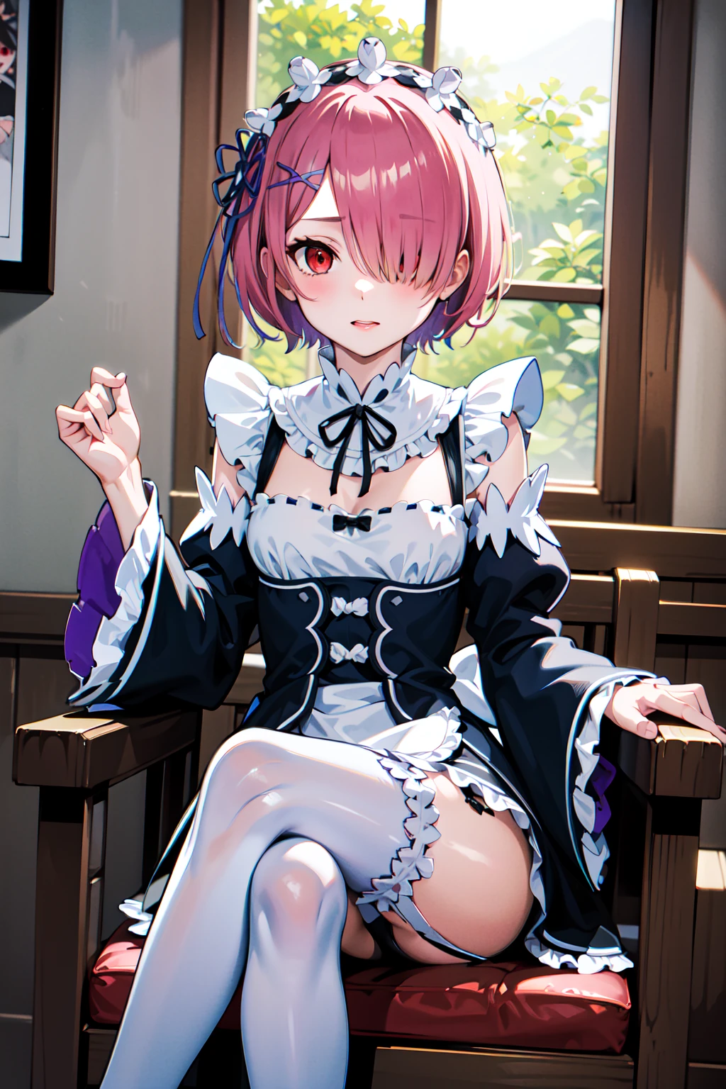 masterpiece, best quality, highres, ram1, 1girl, solo, ram \(re:zero\), pink hair, white thighhighs, short hair, red eyes, hair over one eye, ribbon trim, hair ribbon, x hair ornament, frills, maid headdress, waist apron, garter straps, black ribbon, small breasts, long sleeves, white apron, neck ribbon, purple ribbon, wide sleeves, hair flower, <lora:ram_rezero_v1:0.6>, indoors, sitting, crossed legs,