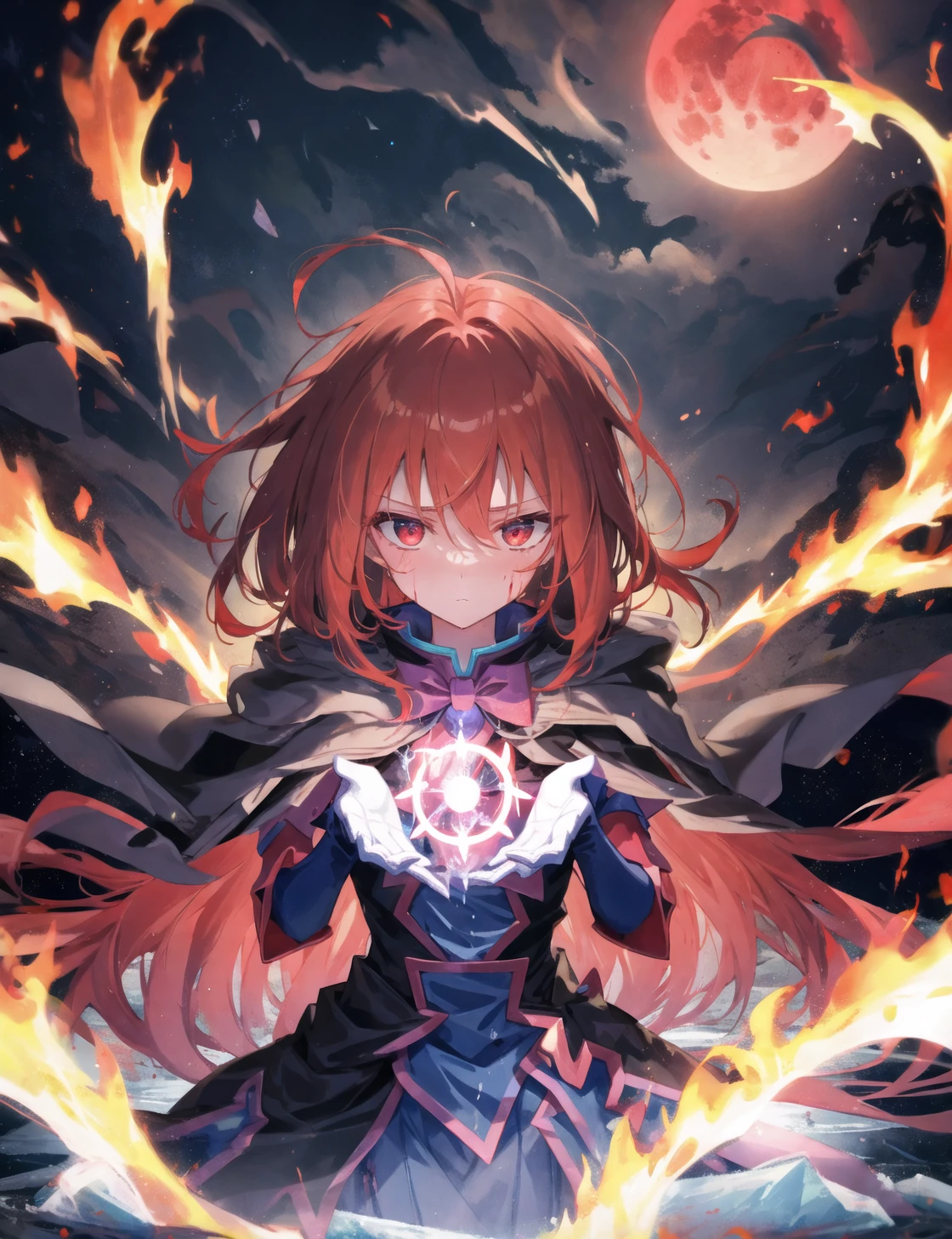 a girl,fluffy hair,war,a hell on earth,Beautiful and detailed explosion,Cold machine,Fire in eyes,burning,Metal texture,,Metal carving,volume,Metal details,black cloak,contour deepening,Magical,Cloud Map Plan,contour deepening, long-focus, Depth of field, a cloudy sky, Black smoke,smoke of gunpowder, long-focus, Mature, resolute eyes, burning, burning sky, burning hair,fighting, Covered in blood, complex pattern, battleing, Flying flames, Flame whirlpool, Doomsday Scenes, float, Splashing blood,on the battlefield, Good looking flame, Exquisite Flame, Exquisite Blood,photorealistic,Watercolor,colourful, glow,detailed ice, water,red moon, (magic circle:1.2), expressionless, white gloves, own hands clasped, (floating palaces:1.1),red hair,disheveled hair,long bangs, hairs between eyes, dark dress, (dark magician girl:1.1),black ribbon,white bowties,half closed eyes,,blank stare, glow,detailed ice, water,expressionless,red hair,disheveled hair,long bangs, hairs between eyes,black ribbon, big forhead,blank stare,flower,large top sleeves,ice crystal texture wings,ice and fire melt,, masterpiece, best quality,best quality, highres, original, extremely detailed wallpaper