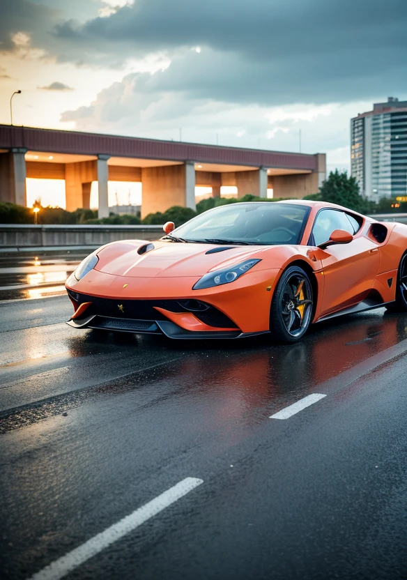 A realistic illustration of a BFerrari Daytona SP3 in Berlin, Germany. Noon time and Rainy weather. Ultra detailed, 8K, HDR, Octane Render, Redshift, Unreal Engine 5. Professionally color graded, atmosphere, amazing depth, rich colors, powerful imagery, psychedelic overtones, 4K, 8K.