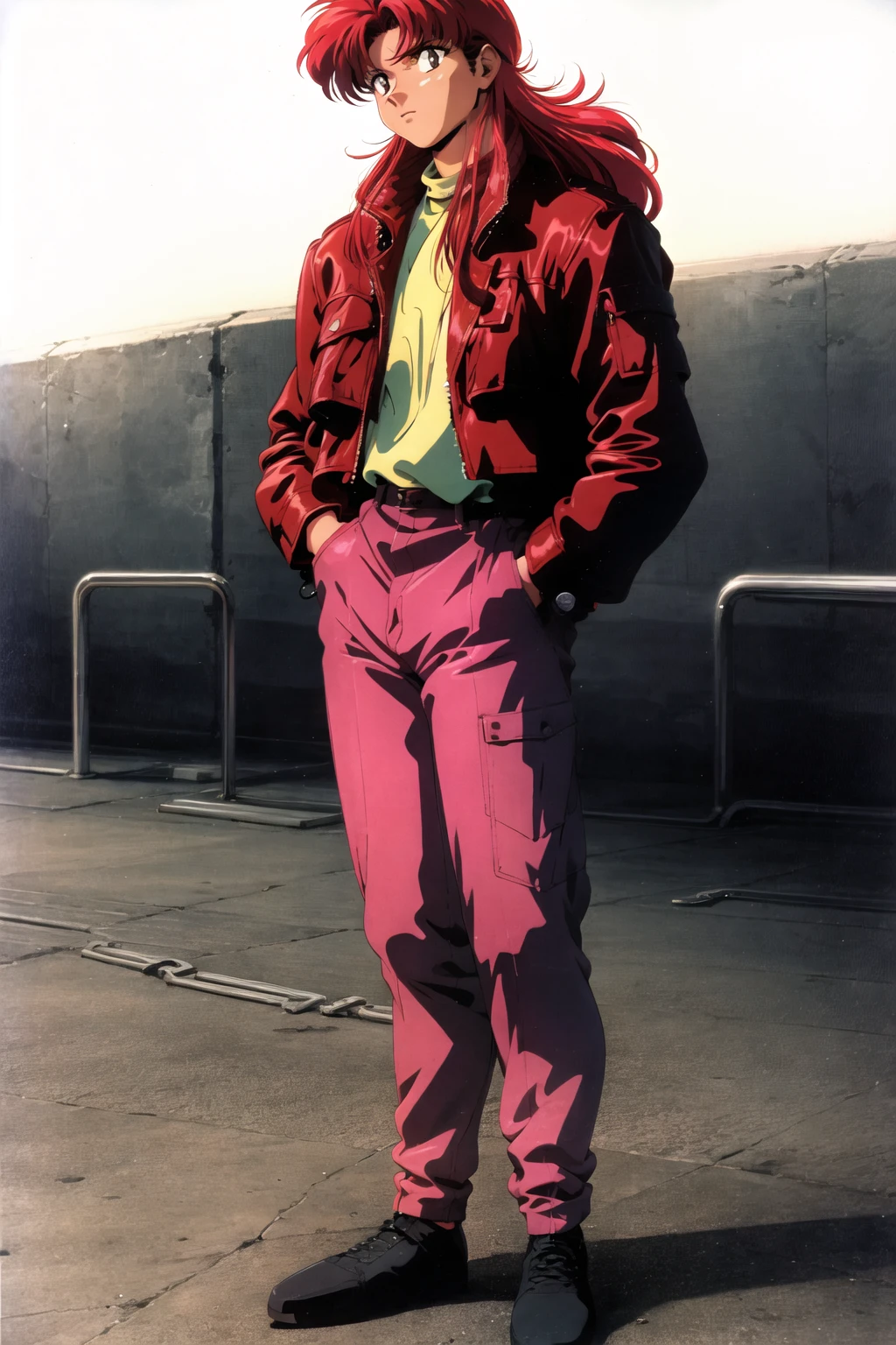 1990s \(style\), 1boy, chain-link fence, full body, hands in pockets, jacket, long hair, red hair, retro artstyle, socks, solo, standing