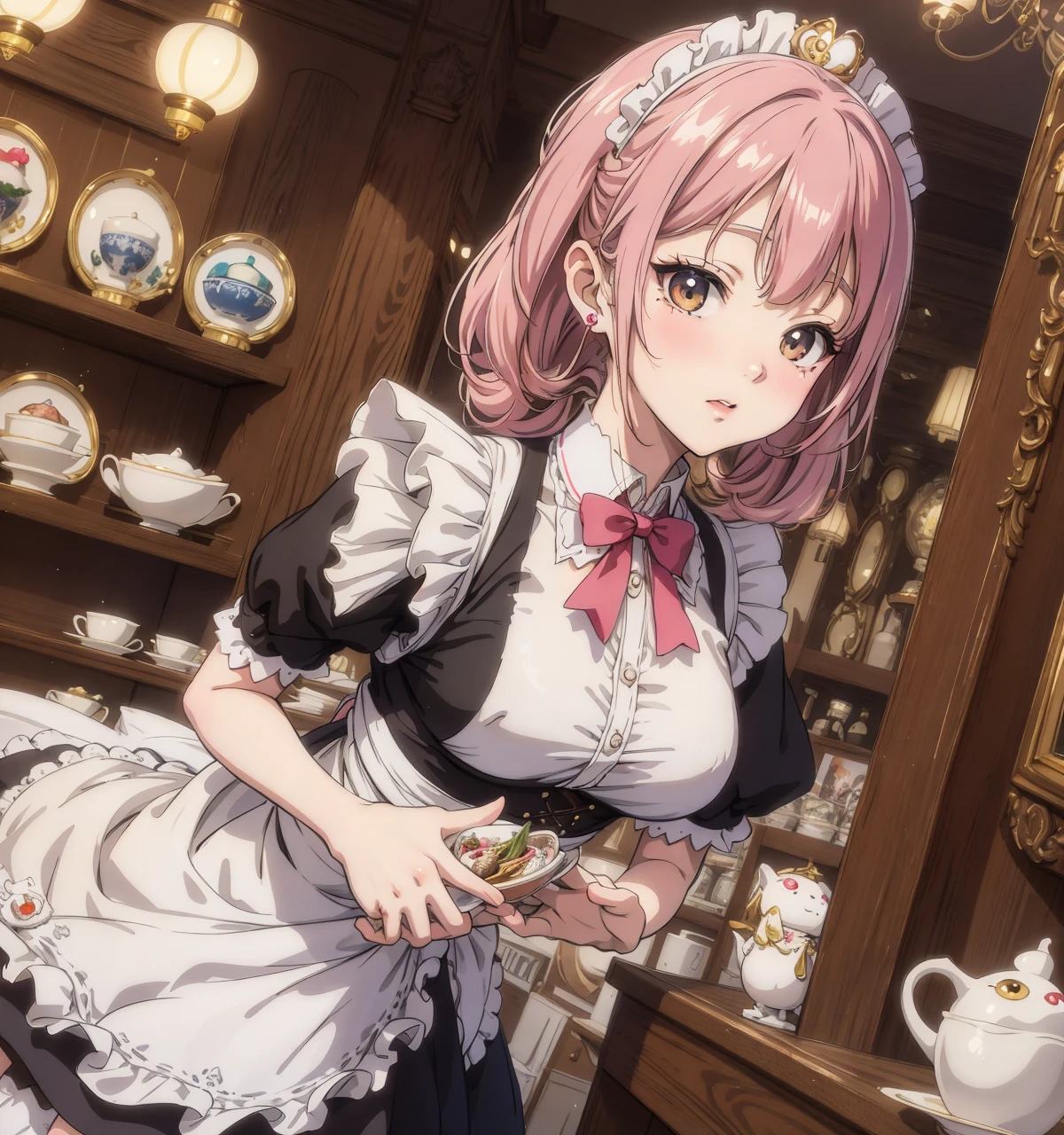 8k,4k,masterpiece, best quality, finely detail,manga,anime coloring,1girl,18yo,cute,maid,cafe shop,dramatic angle,
 <lora:Moxin_10:0.3>