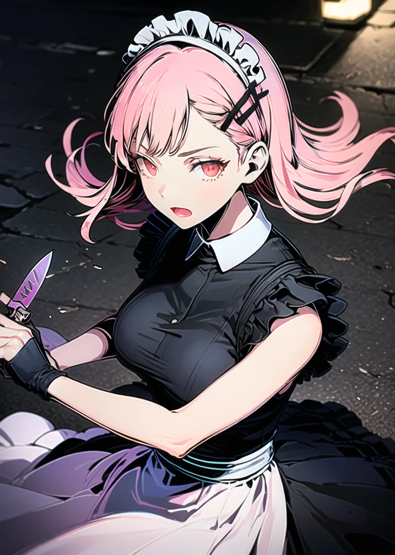 night, dark, (action shot:1.2), running, detailed eyes, upper body, 1girl, 30yo, (from above:1.3),dynamic angle, outdoor, pink hair, red eyes, multiple hairpins , hair ornament, maid, (long skirt:1.2), black skirt, medium breast, (alley:1.3), looking at viewer, wall, holding knife fighting stance <lora:pitch_black_shadow:1.5>
