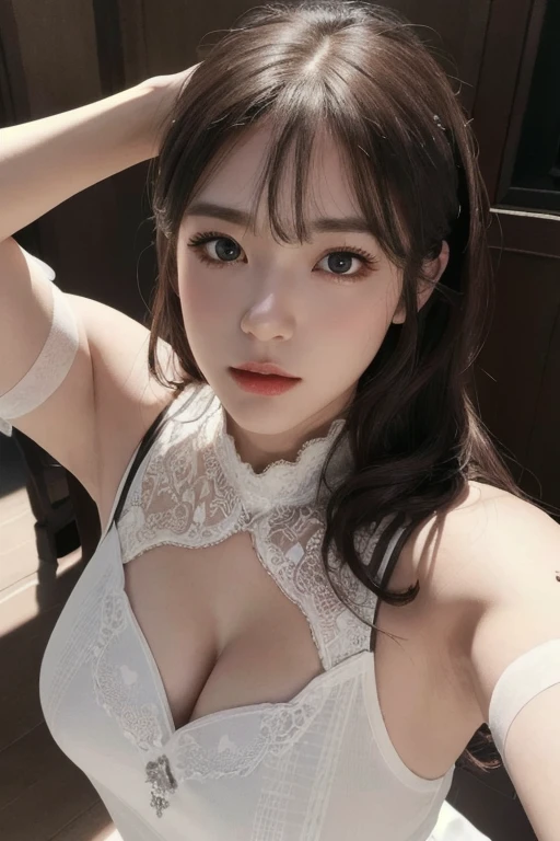best quality,highest quality,masterpiece,extremely detailed,high res,4k,ultra high res,detailed shadow,ultra realistic,realistic,dramatic lighting,1girl,solo,detailed face,realistic eyes,realistic skin,white dress, thighhighs,